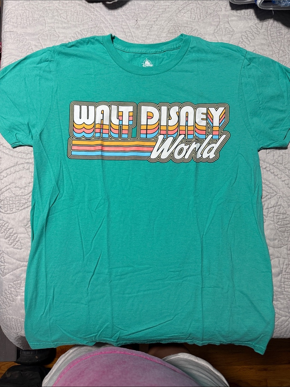 Disney Teal Kids Short Sleeve Tee with Retro Multicolor Logo
